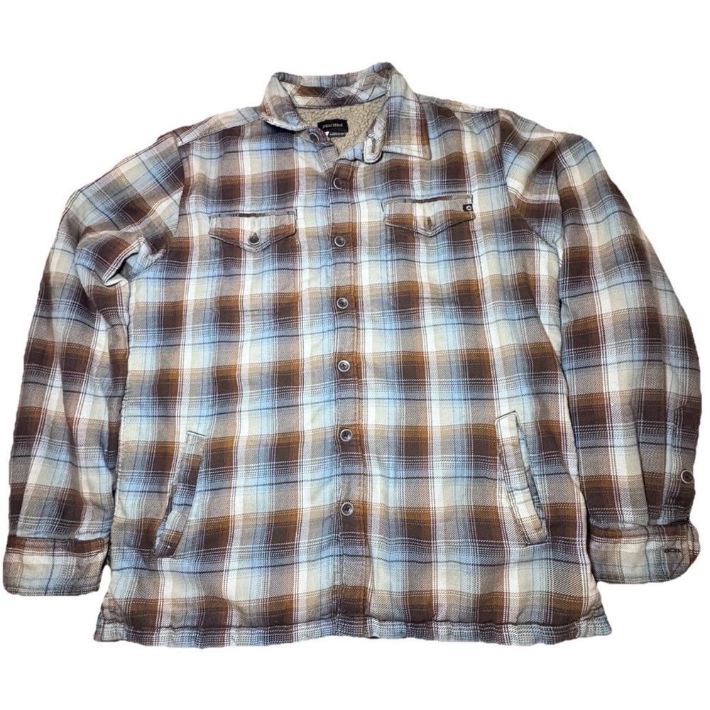 Marmot Plaid Lightweight Shirt Jacket in Brown, Cream & Blue
